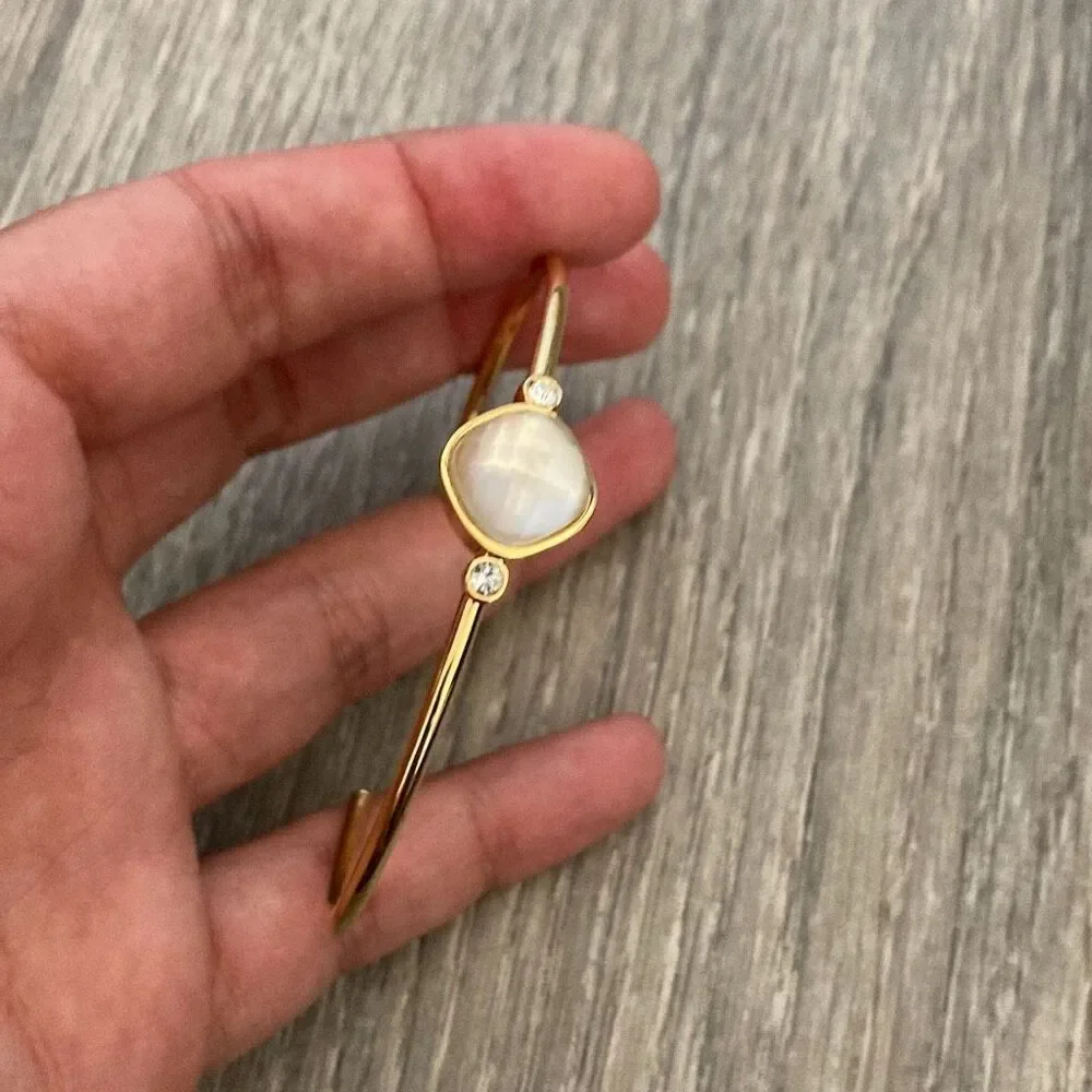 Women’s Gold Tone Bangle Bracelet Mother of Pearl & CZ Accents Open Cuff
